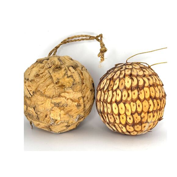 Pair of Unique Wood Slice Ball Ornaments 4" Natural Material Rustic Sustainable - Picture 4 of 5